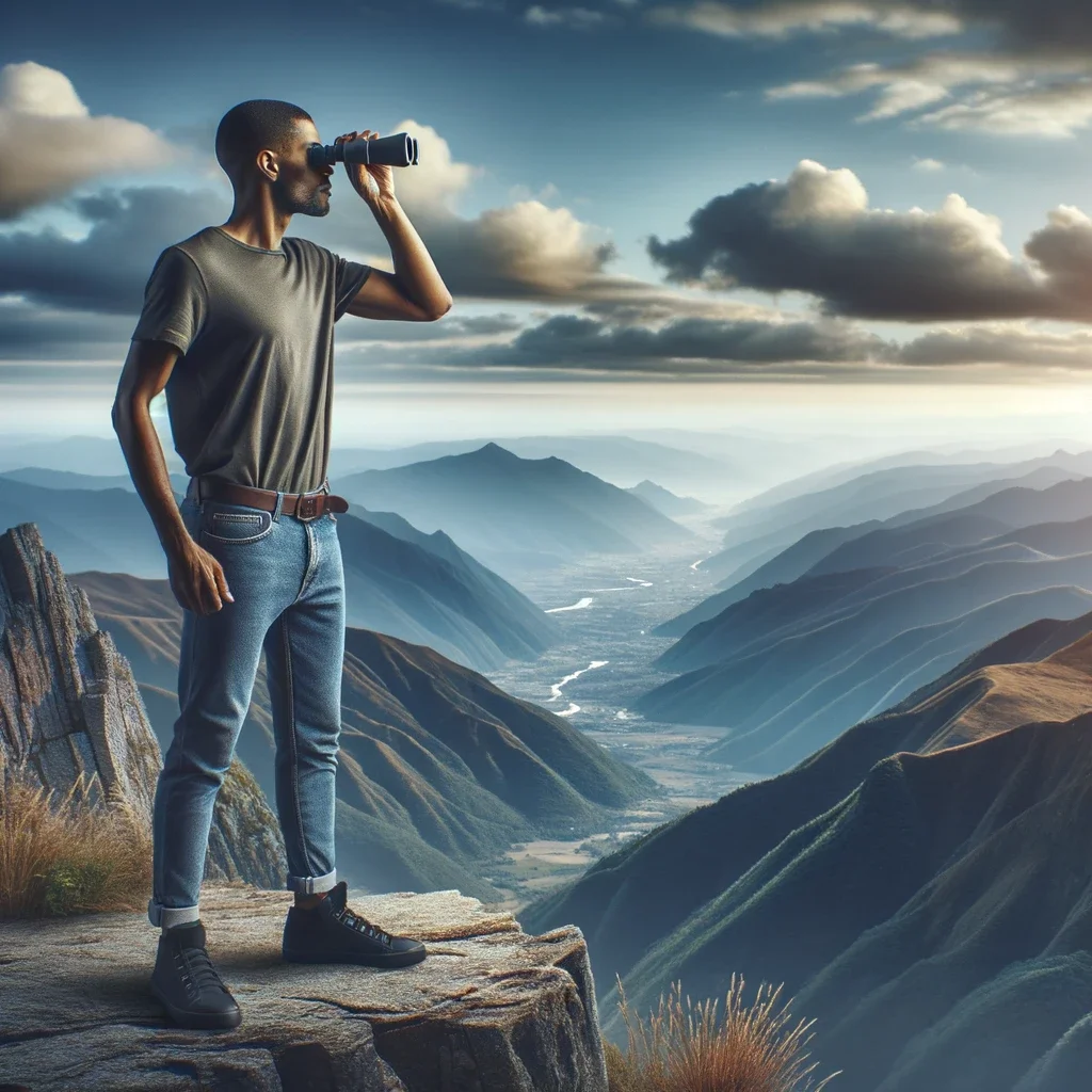 Photo of a tech entrepreneur, a diverse individual wearing casual attire like jeans and a t-shirt, standing confidently on the edge of a high cliff. The background showcases a vast landscape of valleys, mountains, and skies. The entrepreneur is looking ahead into the distance using binoculars, symbolizing vision, foresight, and exploration.