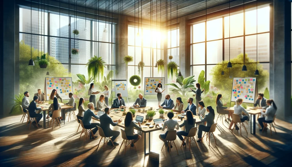 Visualize a vibrant and supportive business environment where a diverse team collaborates to navigate challenges of empowerment. The setting is an open, modern office space filled with light and greenery, symbolizing growth and clarity. Team members, representing a variety of roles and backgrounds, are gathered around a large table, working together on a project. They use tools like laptops, digital tablets, and sticky notes to brainstorm solutions. The atmosphere is positive, with team members engaging in constructive discussions, offering support, and sharing insights. This scene should convey teamwork, mutual support, and the collective effort to overcome obstacles related to empowerment, such as confusion and inequity, in a hopeful and uplifting manner.