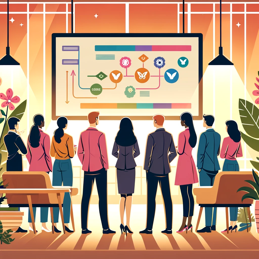 A team of diverse professionals standing together, looking at a large screen displaying a colorful Agile workflow chart.